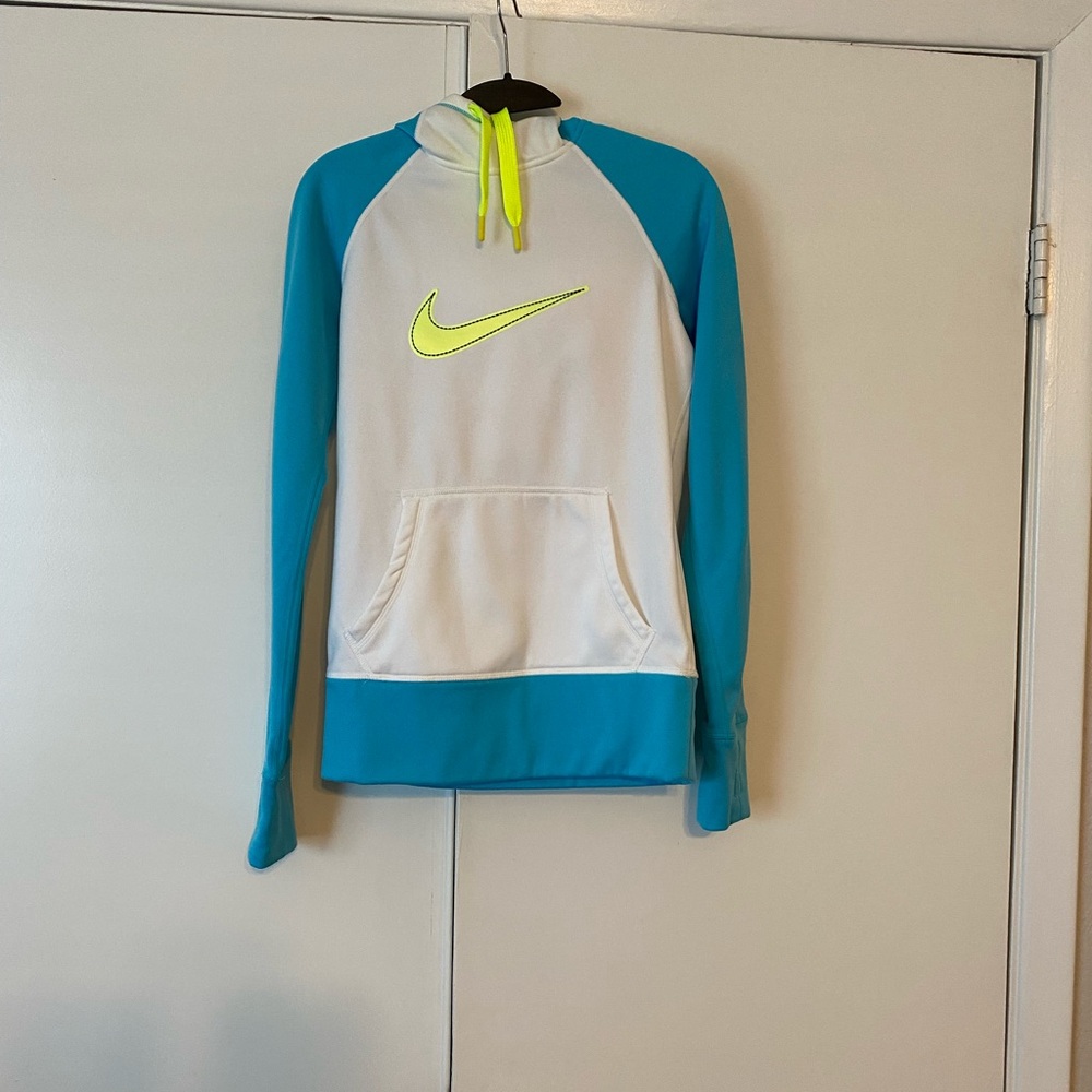 Nike White and Blue Hoodie with Neon Yellow Logo. Gently Used. Sz XS.